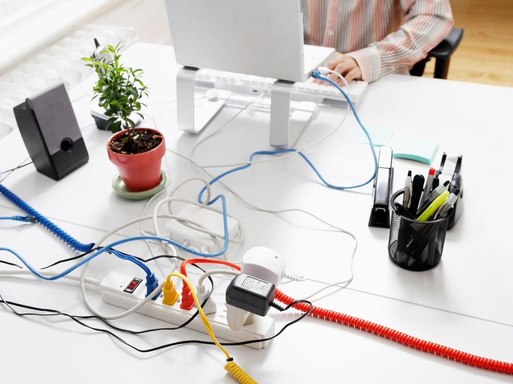 Cluttered desk with dongles, drives, and cables